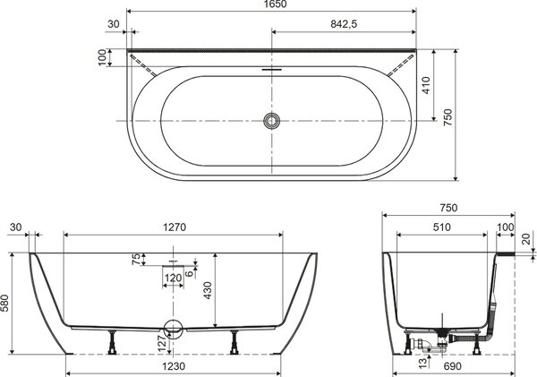 Excellent Oceana 2.0 cadă de perete 165x75 cm ovală alb WAEX.OCE2.165WP.WH