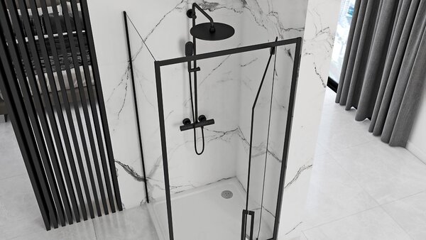 Rea Rapid Swing, cabină de duș pe colț 70 (uşă) x 80 (perete) x 195 cm, sticlă transparentă de 6 mm, profil negru, KPL-009919