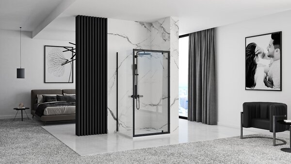 Rea Rapid Swing, cabină de duș pe colț 70 (uşă) x 80 (perete) x 195 cm, sticlă transparentă de 6 mm, profil negru, KPL-009919