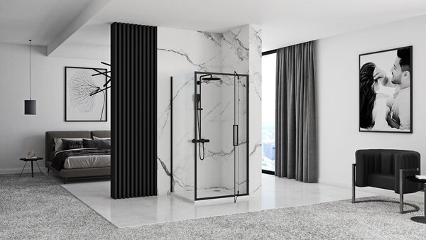 Rea Rapid Swing, cabină de duș pe colț 70 (uşă) x 80 (perete) x 195 cm, sticlă transparentă de 6 mm, profil negru, KPL-009919