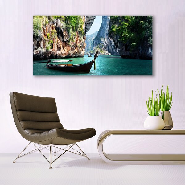 Tablou pe panza canvas Barca Lacul Rocks Peisaj Albastru Maro Verde
