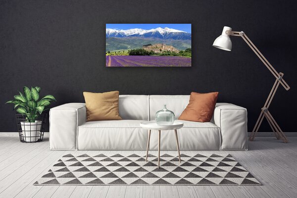 Tablou pe panza canvas Luncă Munții Flori Peisaj Violet Verde Albastru Alb