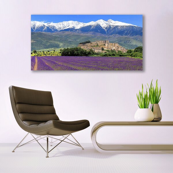 Tablou pe panza canvas Luncă Munții Flori Peisaj Violet Verde Albastru Alb