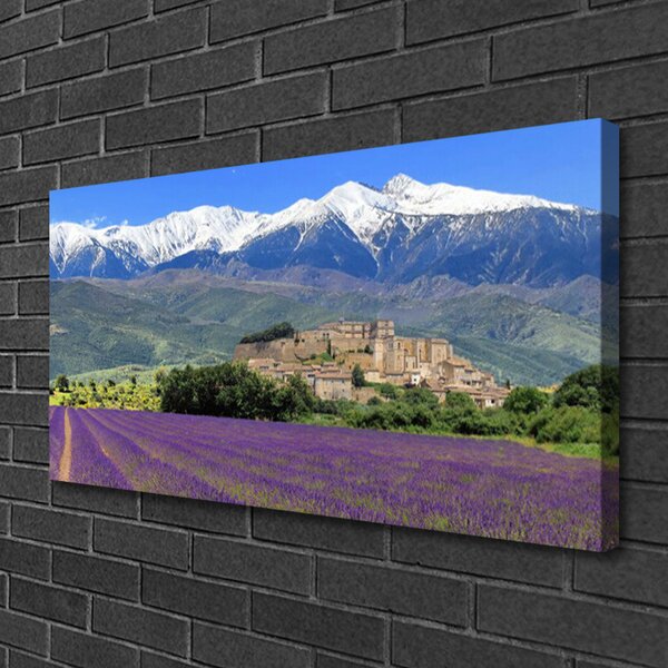 Tablou pe panza canvas Luncă Munții Flori Peisaj Violet Verde Albastru Alb