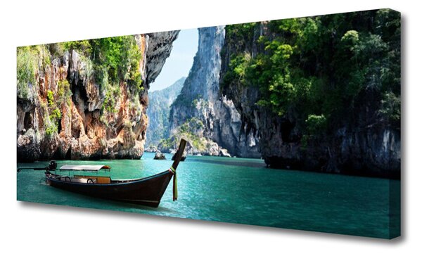 Tablou pe panza canvas Barca Lacul Rocks Peisaj Albastru Maro Verde