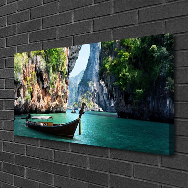 Tablou pe panza canvas Barca Lacul Rocks Peisaj Albastru Maro Verde