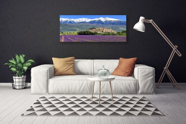 Tablou pe panza canvas Luncă Munții Flori Peisaj Violet Verde Albastru Alb