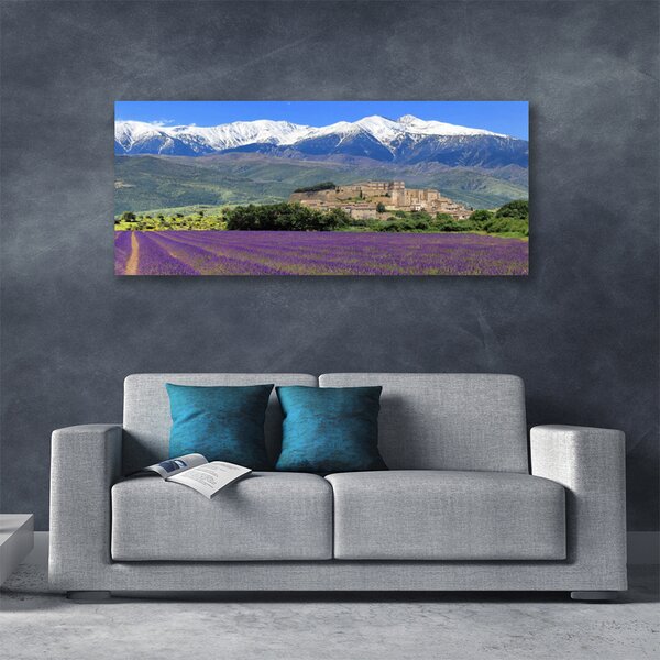 Tablou pe panza canvas Luncă Munții Flori Peisaj Violet Verde Albastru Alb
