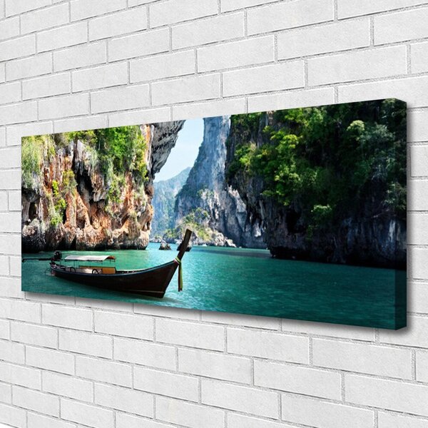Tablou pe panza canvas Barca Lacul Rocks Peisaj Albastru Maro Verde