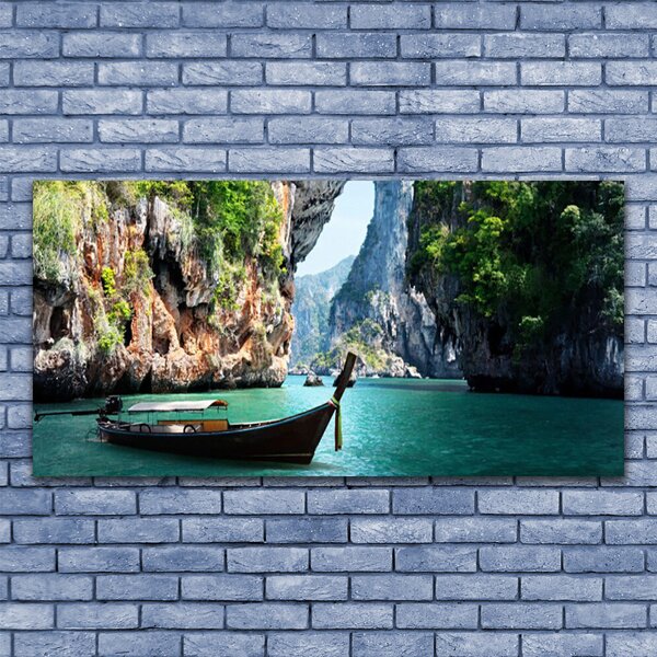 Tablou pe panza canvas Barca Lacul Rocks Peisaj Albastru Maro Verde