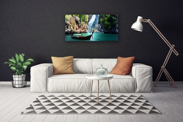 Tablou pe panza canvas Barca Lacul Rocks Peisaj Albastru Maro Verde
