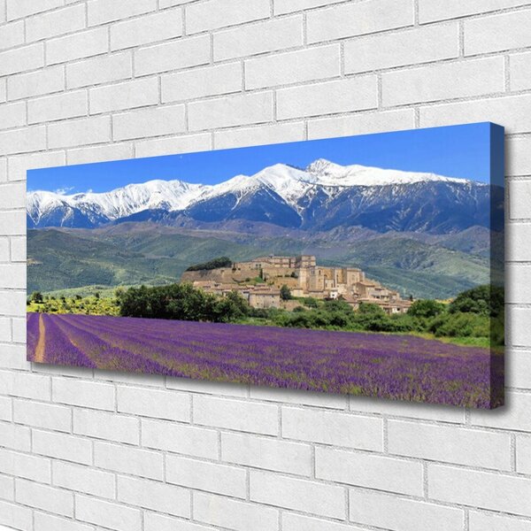 Tablou pe panza canvas Luncă Munții Flori Peisaj Violet Verde Albastru Alb