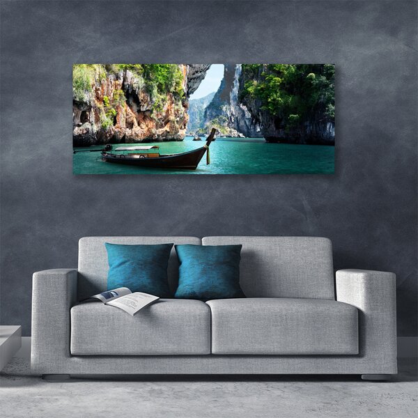 Tablou pe panza canvas Barca Lacul Rocks Peisaj Albastru Maro Verde