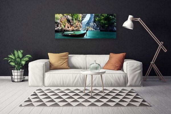 Tablou pe panza canvas Barca Lacul Rocks Peisaj Albastru Maro Verde