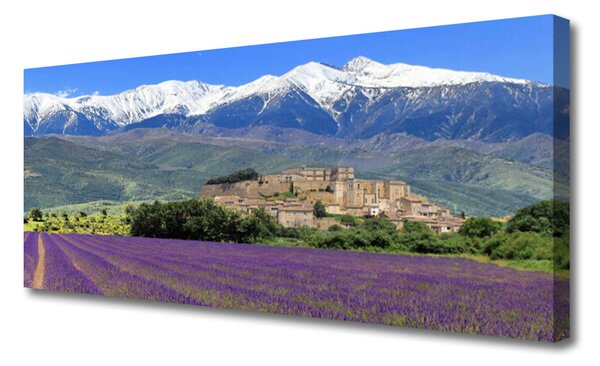 Tablou pe panza canvas Luncă Munții Flori Peisaj Violet Verde Albastru Alb