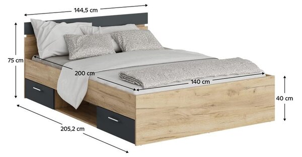 Pat matrimonial 140 cm Michigin (stejar artisan + grafit) (cu sp. depozitare). 1096898