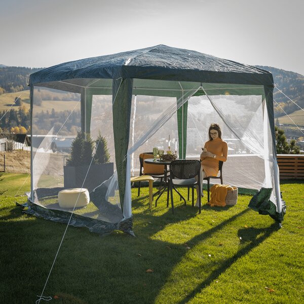 KONDELA Pavilion cort pentru grădină, 3,9x2,5x3,9m, verde / alb, RINGE TIP 1 6 laturi