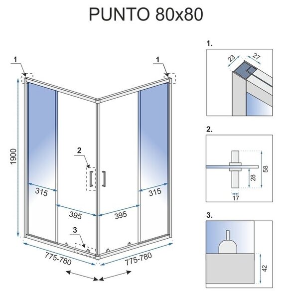 Rea Punto Black Mat, cabină de duș cu ușă glisantă 80 (uşă) x 80 (uşă) x 190 cm, sticlă transparentă de 5 mm, profil negru, REA-K4800
