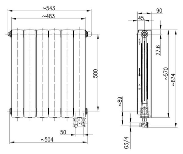 KFA Armatura ADR calorifer de cameră 57x48.3 cm podłączenie inferior alb 763-061-44