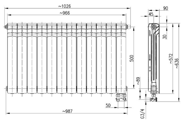 KFA Armatura G500F calorifer de cameră 57.2x96.6 cm podłączenie inferior alb 789-122-44