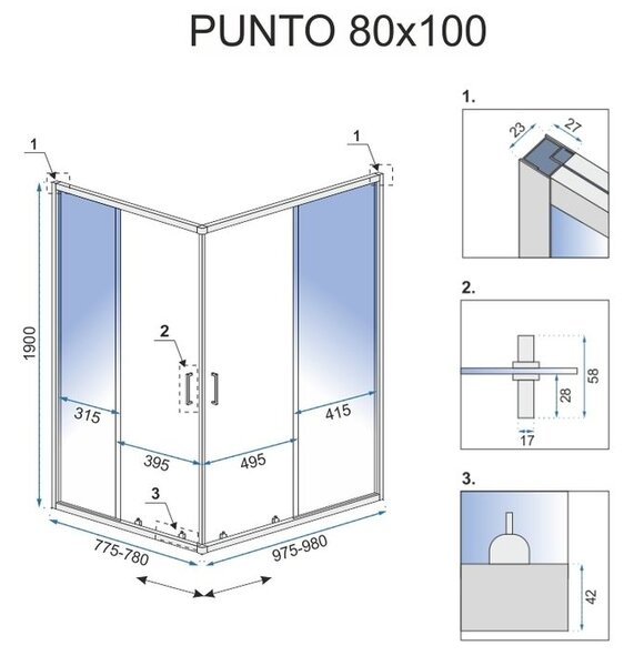 Rea Punto Black Mat, cabină de duș cu ușă glisantă 80 (uşă) x 100 (uşă) x 190 cm, sticlă transparentă de 5 mm, profil negru, REA-K4806