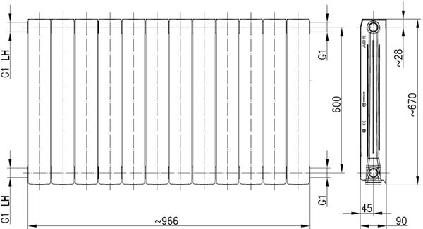 KFA Armatura ADR calorifer de cameră 67.2x96.6 cm podłączenie lateral alb 764-120-44