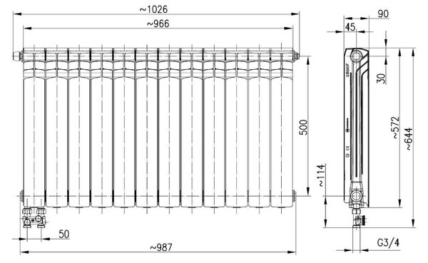 KFA Armatura G500F calorifer de cameră 57.2x96.6 cm podłączenie inferior alb 789-124-44