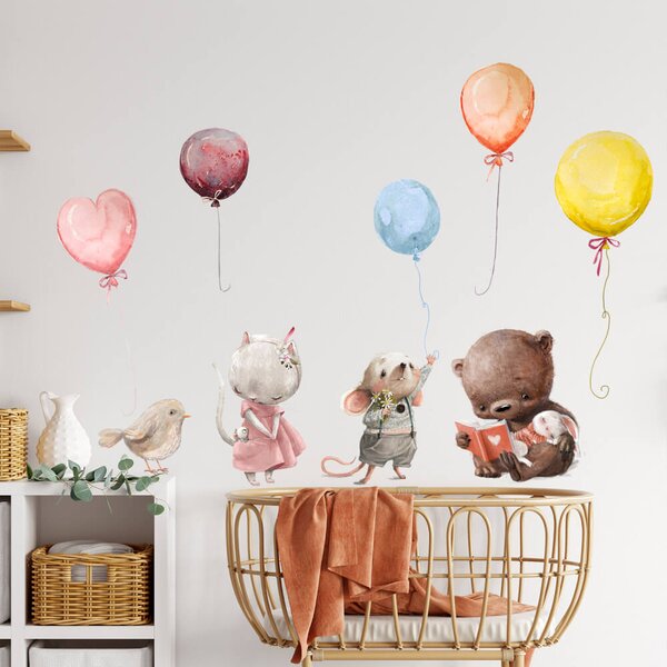 Autocolante deasupra patului - animale cu baloane în culori pastel