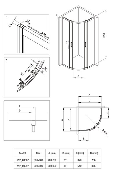 Deante Funkia Evo cabină de duș 90x90 cm semicircular negru mat/sticlă transparentă KYP_N099P