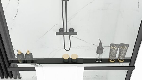 Rea Aero, cabină de duș 90 cm + poliță și cuier EVO, sticlă transparentă de 8 mm, profil negru, KPL-K7581