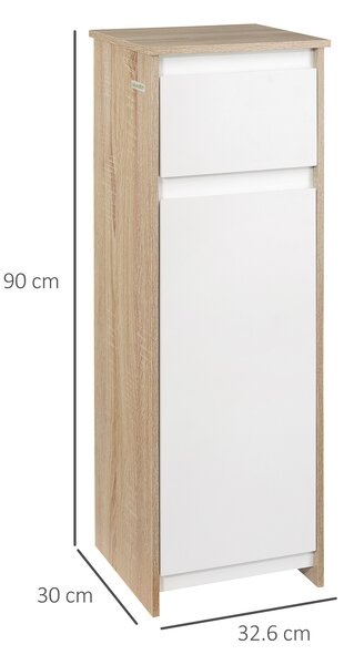 Kleankin Dulap de Baie, Comodă cu 2 Niveluri și 1 Sertar din MDF, 32.6x30x90 cm, Lemn natural+Alb | Aosom Romania