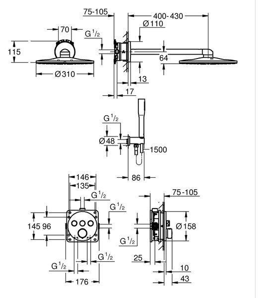 Grohe Precision Smartcontrol set cadă și duș ascuns cu termostat cu duș de ploaie negru 348742430
