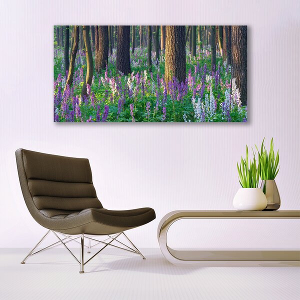Tablou pe sticla Pădure Flori Natura Verde Violet Maro