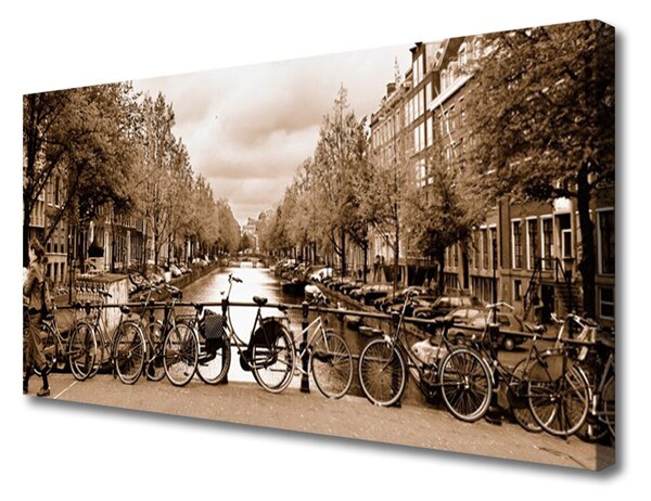 Tablou pe panza canvas Râul Biciclete Copaci Peisaj Verde Gri