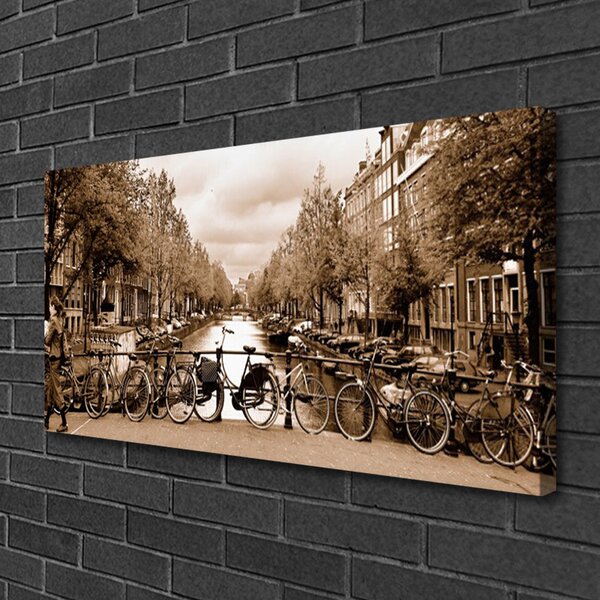 Tablou pe panza canvas Râul Biciclete Copaci Peisaj Verde Gri