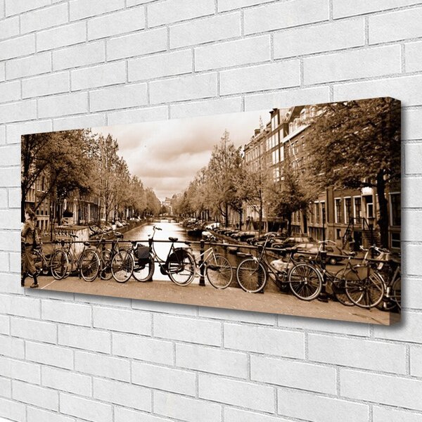 Tablou pe panza canvas Râul Biciclete Copaci Peisaj Verde Gri