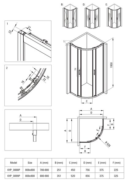 Deante Funkia Evo cabină de duș 90x90 cm semicircular grafit /sticlă transparentă KYP_D099P