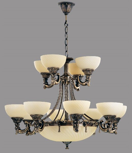 Candelabru Omega cu 12 Brate, Desing Clasic, Finisaj Bronz Antic, Abajur Crem - Bussy Lighting 3035-52-12A