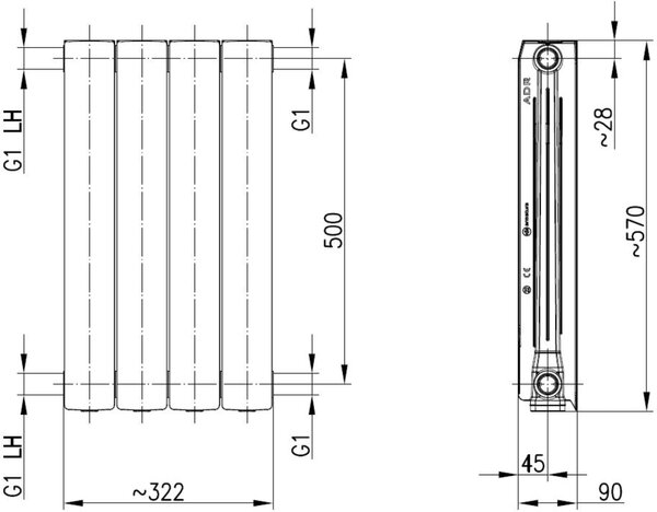 KFA Armatura ADR calorifer de cameră 57x32.2 cm podłączenie lateral alb 763-040-44