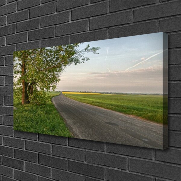 Tablou pe panza canvas Copac rutier Iarbă Peisaj Verde Albastru Gri