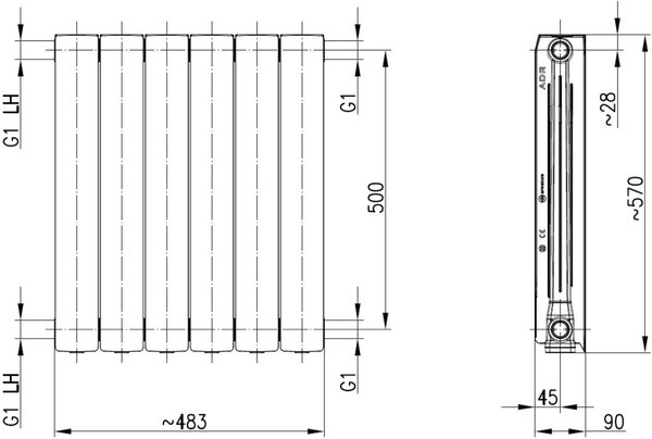KFA Armatura ADR calorifer de cameră 57x48.3 cm podłączenie lateral alb 763-060-44