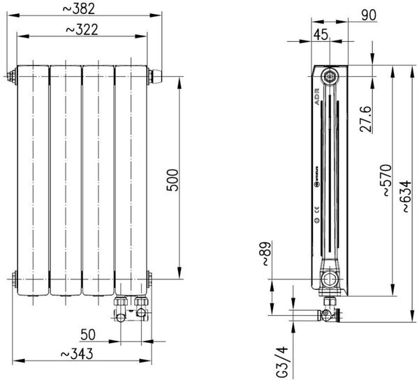 KFA Armatura ADR calorifer de cameră 57x32.2 cm podłączenie inferior alb 763-041-44