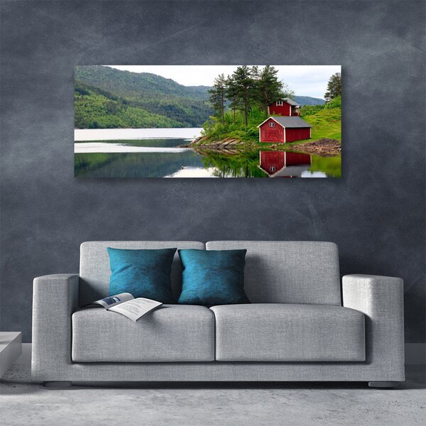 Tablou pe panza canvas Muntii Casa Copaci Lacul Peisaj Brun Verde Gri Alb