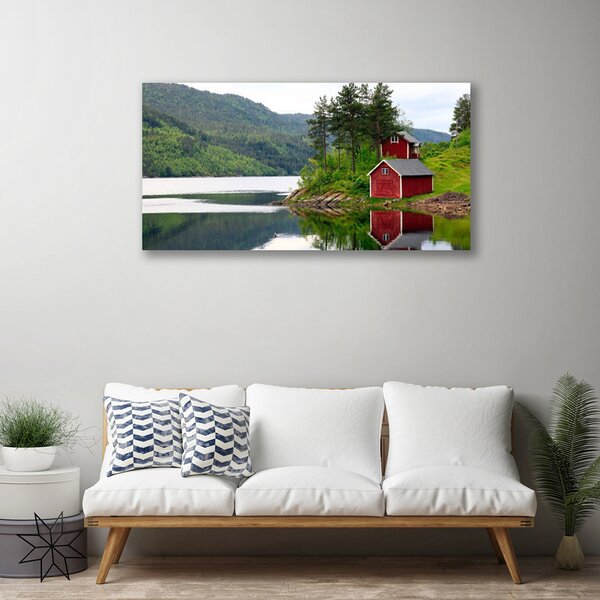 Tablou pe panza canvas Muntii Casa Copaci Lacul Peisaj Brun Verde Gri Alb