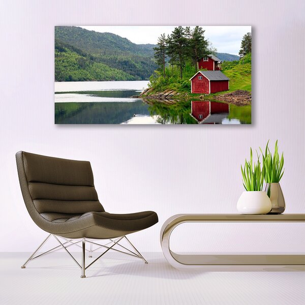Tablou pe panza canvas Muntii Casa Copaci Lacul Peisaj Brun Verde Gri Alb