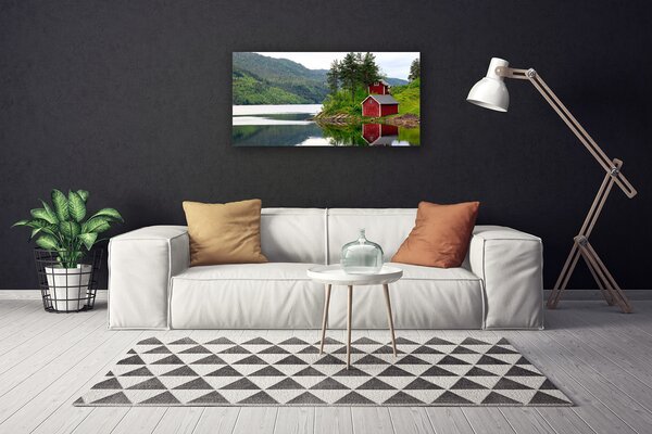 Tablou pe panza canvas Muntii Casa Copaci Lacul Peisaj Brun Verde Gri Alb