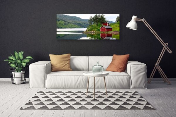 Tablou pe panza canvas Muntii Casa Copaci Lacul Peisaj Brun Verde Gri Alb