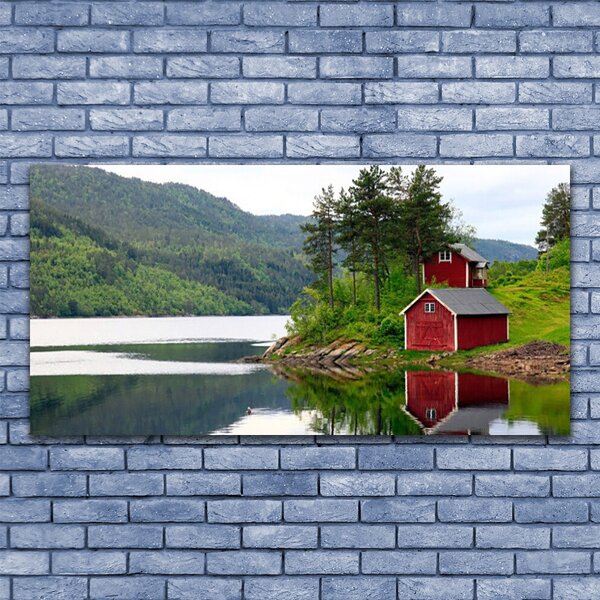 Tablou pe panza canvas Muntii Casa Copaci Lacul Peisaj Brun Verde Gri Alb