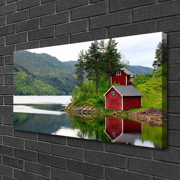 Tablou pe panza canvas Muntii Casa Copaci Lacul Peisaj Brun Verde Gri Alb
