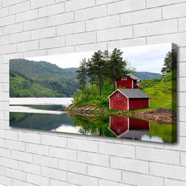 Tablou pe panza canvas Muntii Casa Copaci Lacul Peisaj Brun Verde Gri Alb